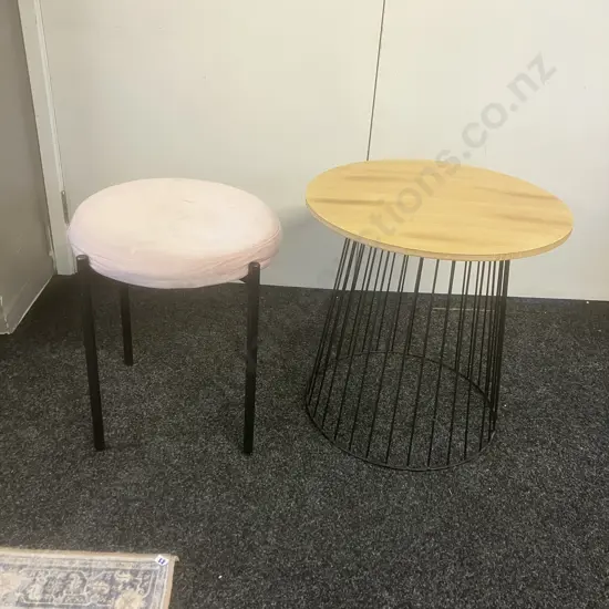 Pink & Black Stool & Round Side Table On Black Wire Base