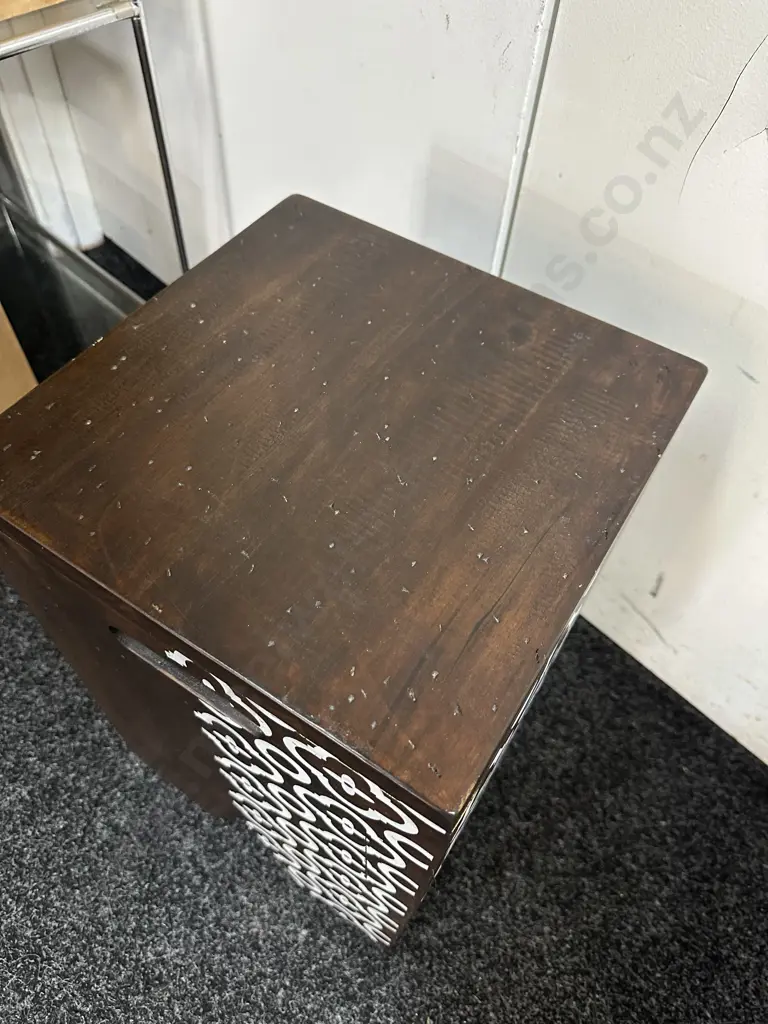 Wooden Cube Style Stool/Side Table Brown With White Pattern H46 W30 D30 Image 1++