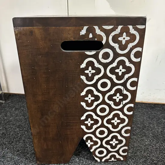 Wooden Cube Style Stool/Side Table Brown With White Pattern H46 W30 D30