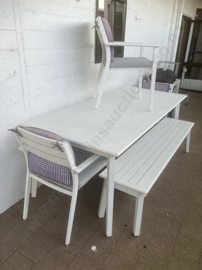 White Aluminium Outdoor Table With 3 Chairs & Bench Seat. Grey Squabs. H75 W210 D90cm Image 1++
