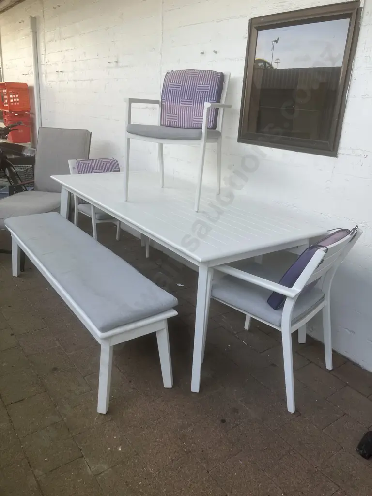 White Aluminium Outdoor Table With 3 Chairs & Bench Seat. Grey Squabs. H75 W210 D90cm Image 1++