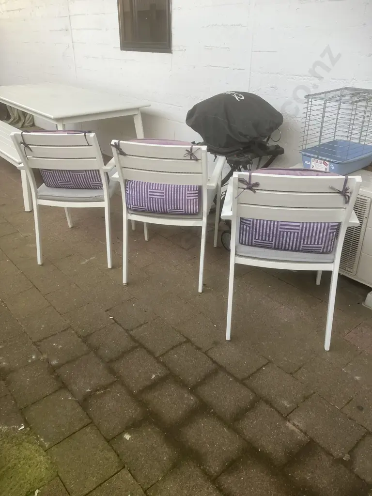 White Aluminium Outdoor Table With 3 Chairs & Bench Seat. Grey Squabs. H75 W210 D90cm Image 1++