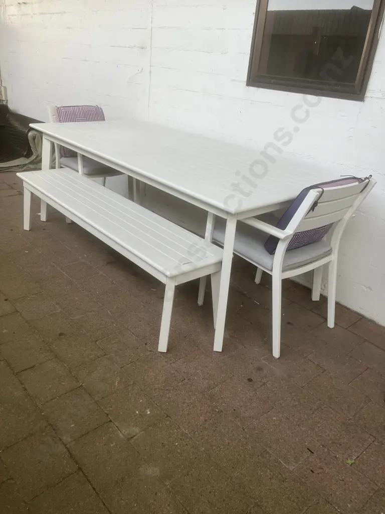 White Aluminium Outdoor Table With 3 Chairs & Bench Seat. Grey Squabs. H75 W210 D90cm Image 1++