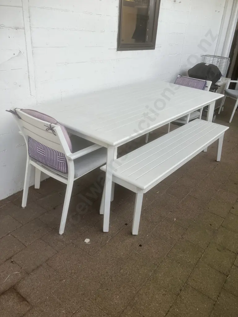 White Aluminium Outdoor Table With 3 Chairs & Bench Seat. Grey Squabs. H75 W210 D90cm Image 1++