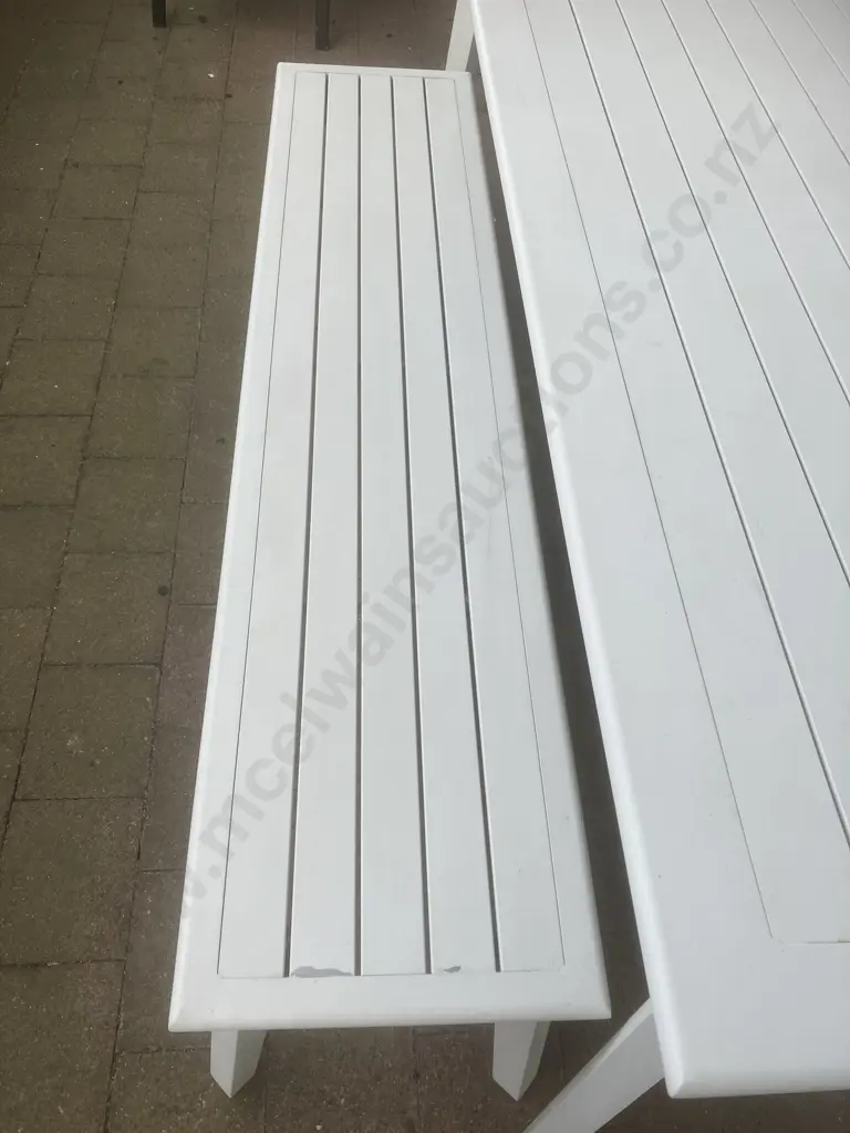 White Aluminium Outdoor Table With 3 Chairs & Bench Seat. Grey Squabs. H75 W210 D90cm Image 1++