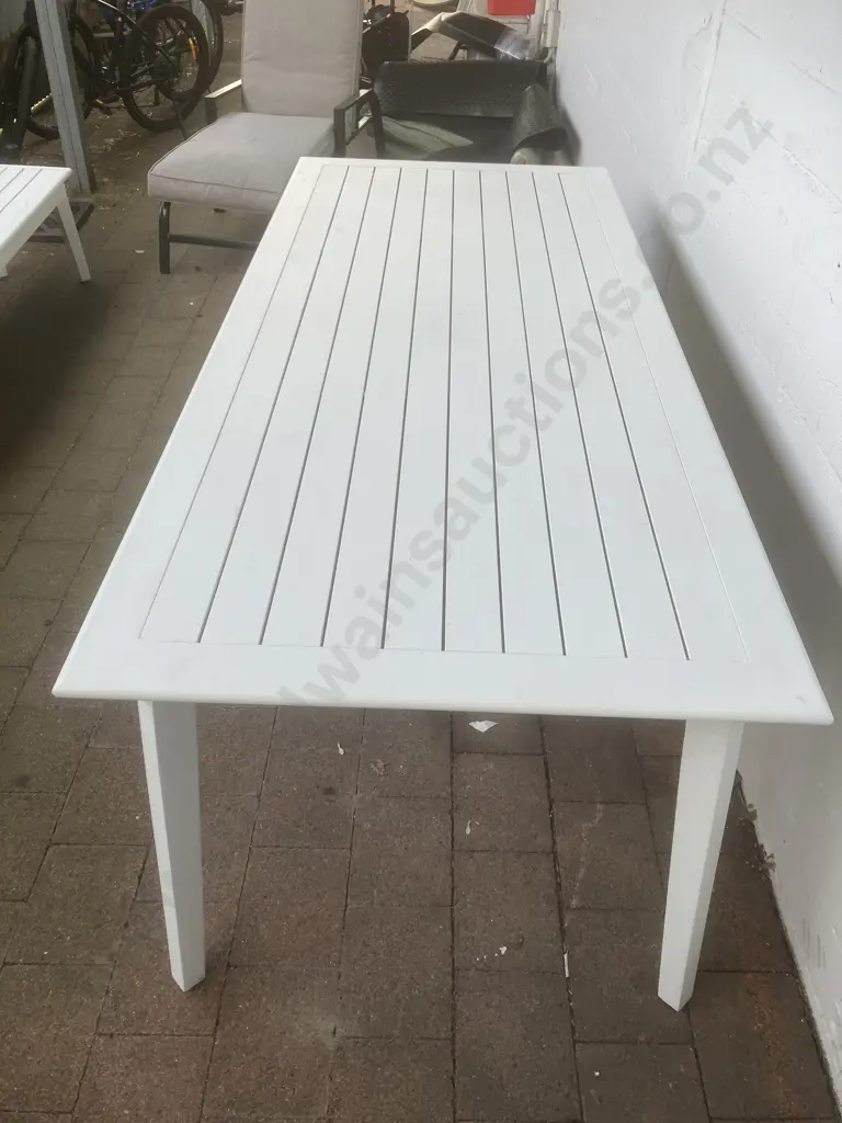 White Aluminium Outdoor Table With 3 Chairs & Bench Seat. Grey Squabs. H75 W210 D90cm Image 1++