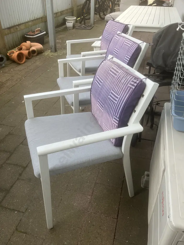 White Aluminium Outdoor Table With 3 Chairs & Bench Seat. Grey Squabs. H75 W210 D90cm Image 1++