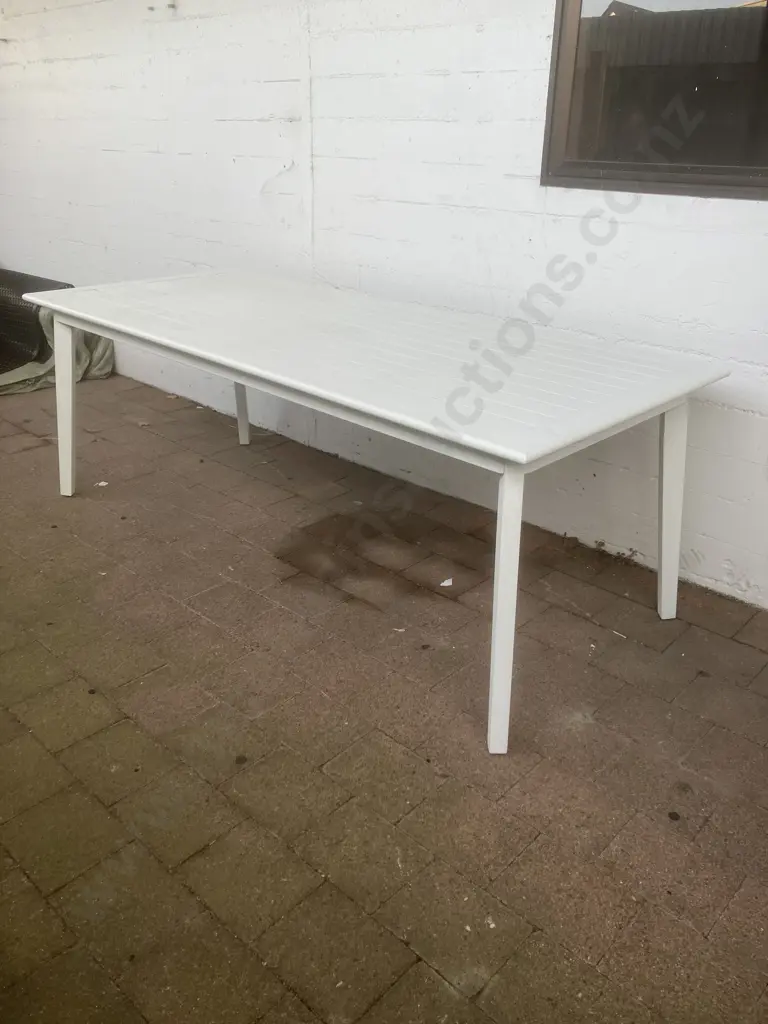 White Aluminium Outdoor Table With 3 Chairs & Bench Seat. Grey Squabs. H75 W210 D90cm Image 1++