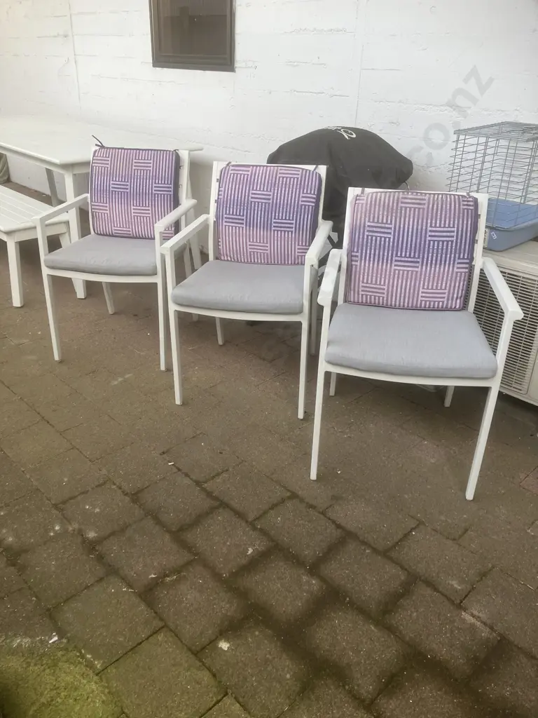 White Aluminium Outdoor Table With 3 Chairs & Bench Seat. Grey Squabs. H75 W210 D90cm Image 1++