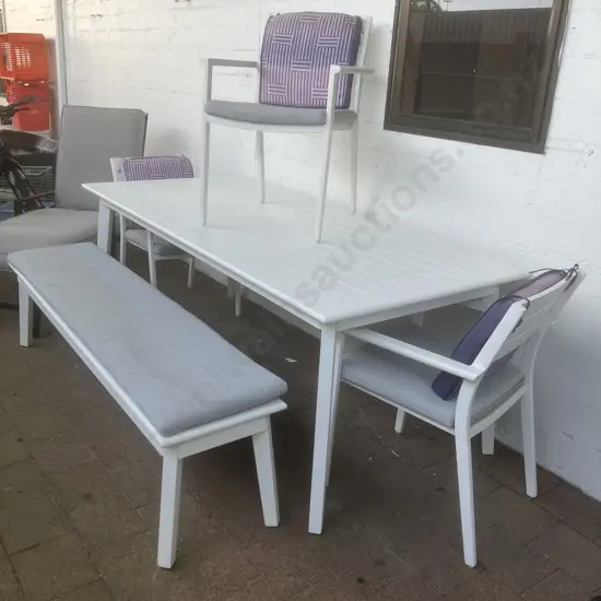 White Aluminium Outdoor Table With 3 Chairs & Bench Seat. Grey Squabs. H75 W210 D90cm