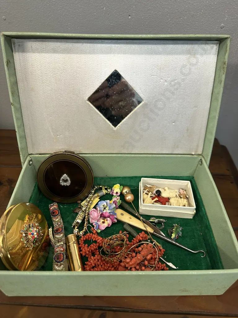Selection Of Vintage Items Including Costume Jewellery, Powder Puffs, Hat Pin, Miniature Ornaments Etc In Vanity Case Image 1++