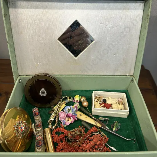 Selection Of Vintage Items Including Costume Jewellery, Powder Puffs, Hat Pin, Miniature Ornaments Etc In Vanity Case