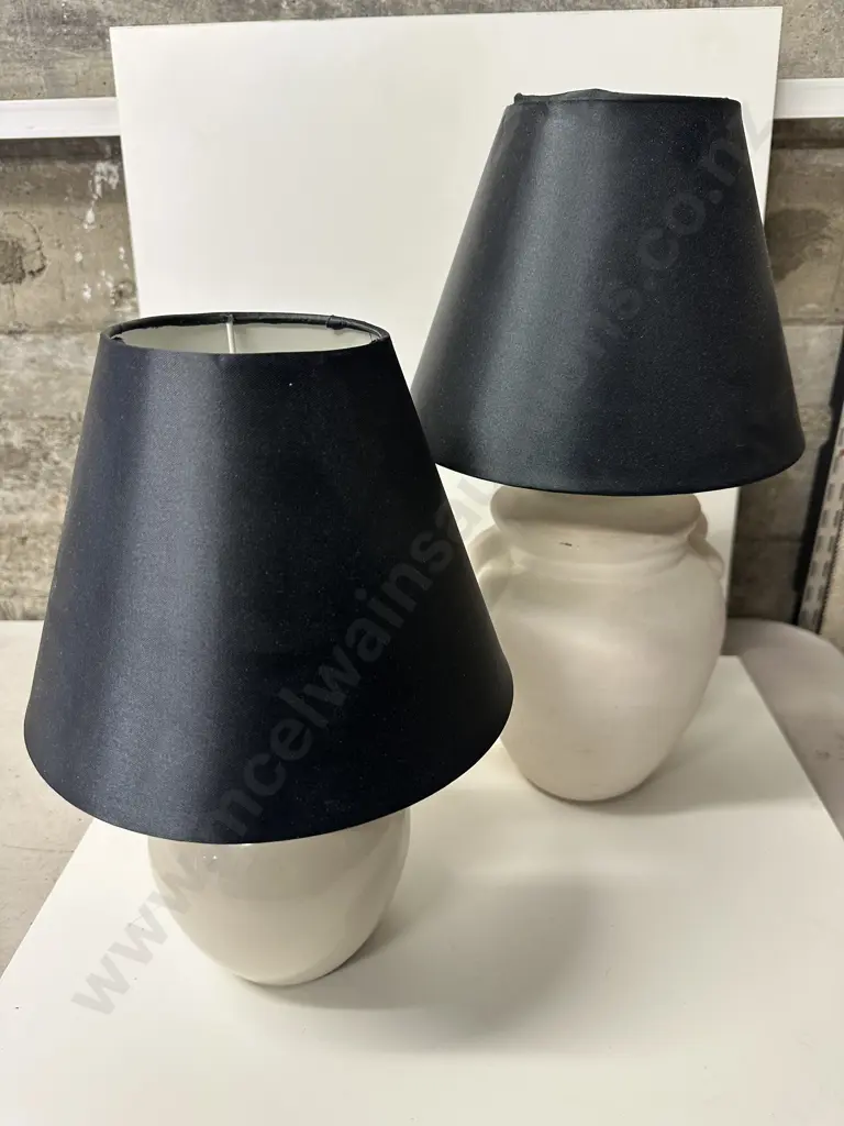 Table Lamps x2 Cream Base With Black Shades H32, H40cm. Image 1++