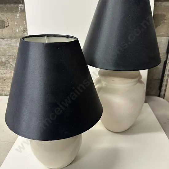 Table Lamps x2 Cream Base With Black Shades H32, H40cm.