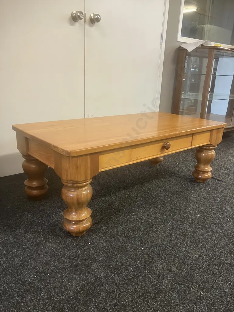 Rimu Coffee Table, Turned legs, Drawer Each Side. H42 W120 D59cm (1 Drawer Has Damage To Base) Image 1++