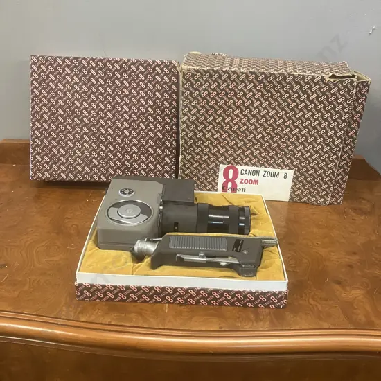 Canon Reflex Zoom 8 8mm Movie Camera #69052 With Hand Grip & Leather Carry Case, Original Boxes - 1959 Japan