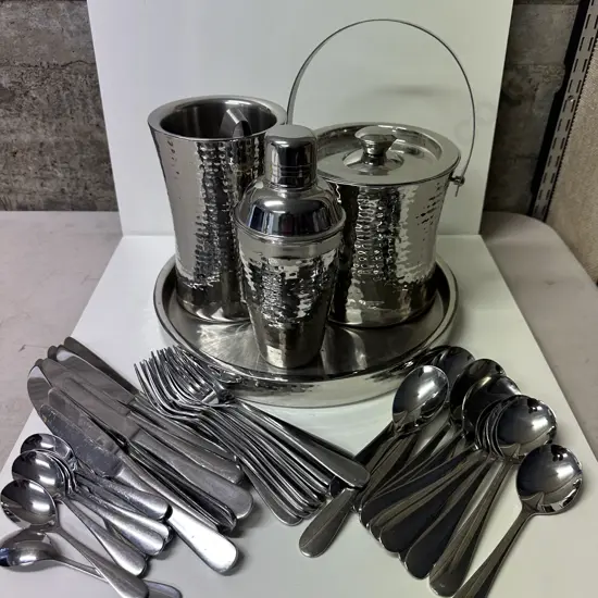 Soho Silver Colour Serving Tray With Ice Bucket, Cocktail Shaker, Wine Bottle Holder & Assorted Onedia Cutlery