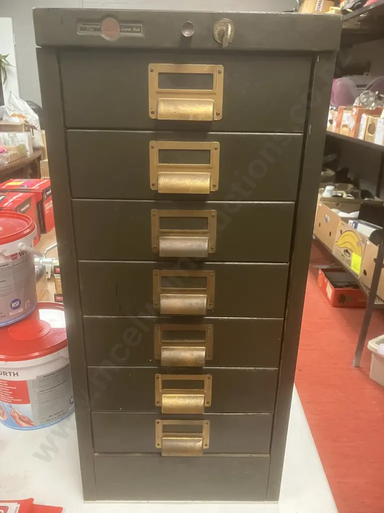 1950's Mid-Century Steelcase Engineering NZ Industrial 7 Drawer Cabinet , Push Button Lock & Key. H66.5 W30 D40cm Image 1++