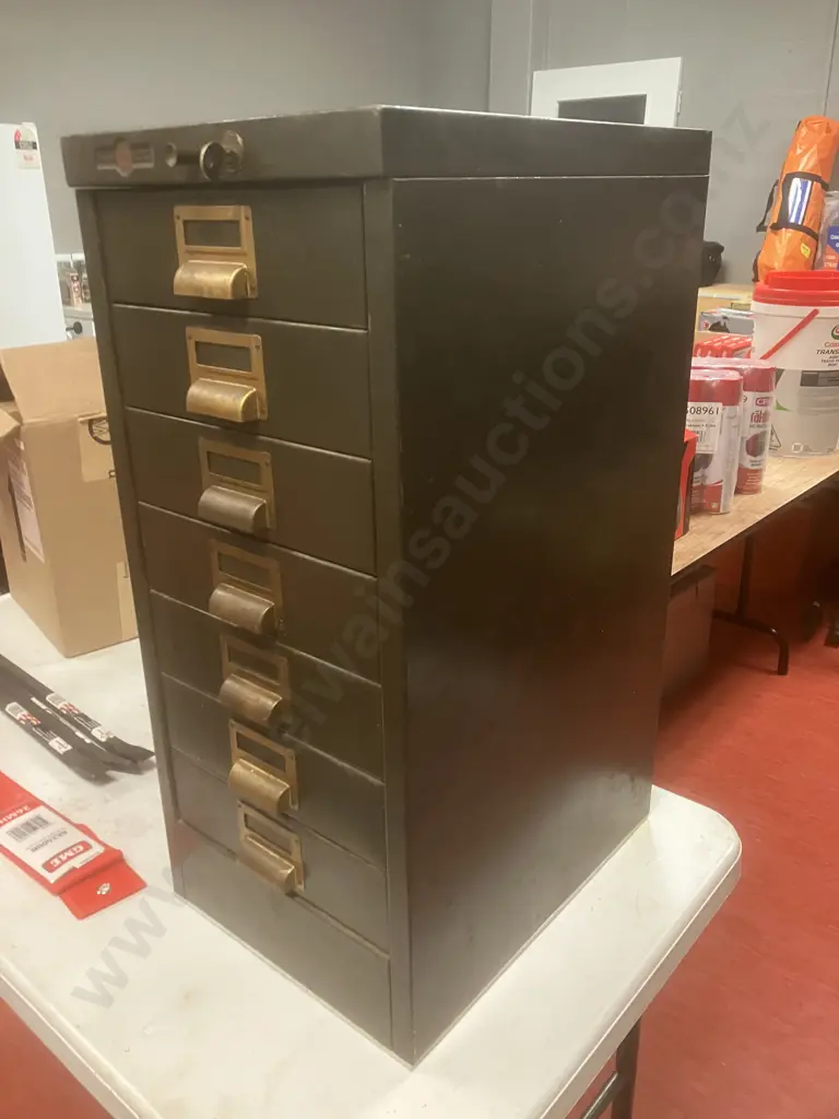1950's Mid-Century Steelcase Engineering NZ Industrial 7 Drawer Cabinet , Push Button Lock & Key. H66.5 W30 D40cm Image 1++