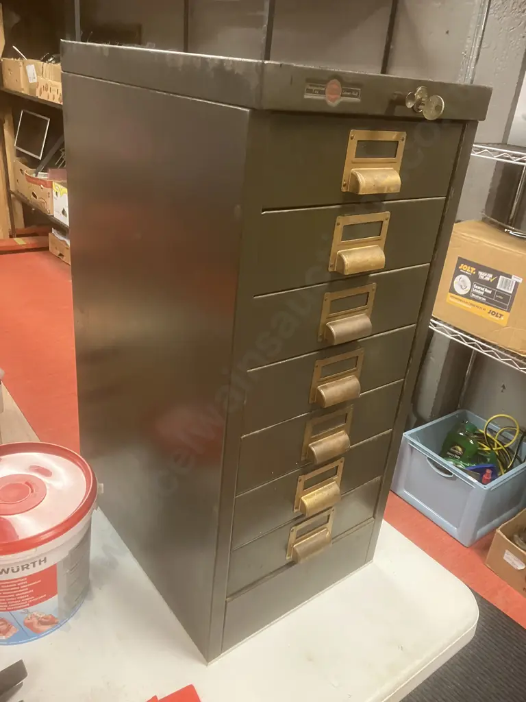 1950's Mid-Century Steelcase Engineering NZ Industrial 7 Drawer Cabinet , Push Button Lock & Key. H66.5 W30 D40cm Image 1++