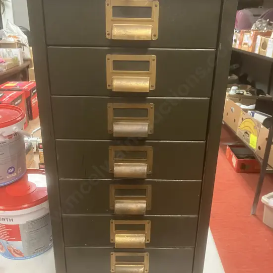 1950's Mid-Century Steelcase Engineering NZ Industrial 7 Drawer Cabinet , Push Button Lock & Key. H66.5 W30 D40cm