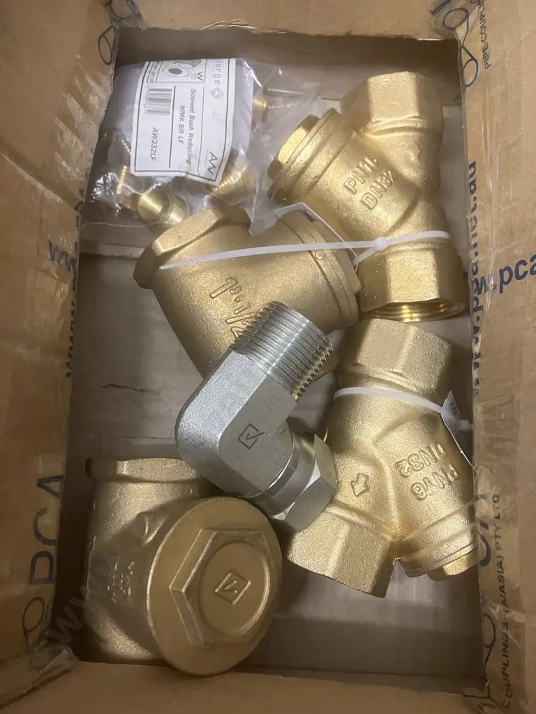 Pair of Brass Swing Check Valves 1-1/2" Made In Italy, Brass 32mm Y Strainers x 2, Pack of Screwed Bush Reducing WMK BR Image 1++