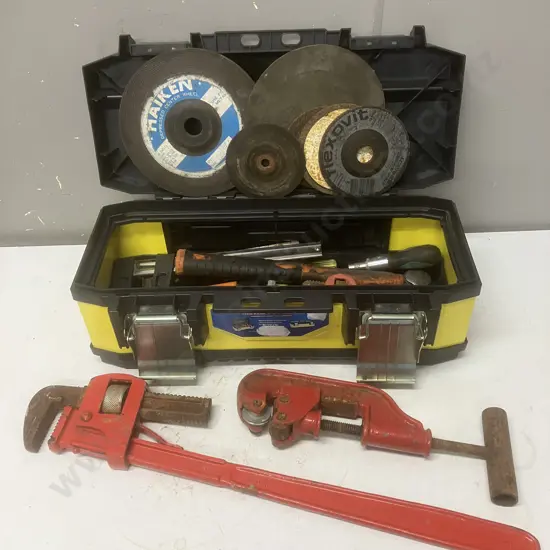 Toolbox & Tools, Pipe Cutter, 24" Pipe Wrench Etc