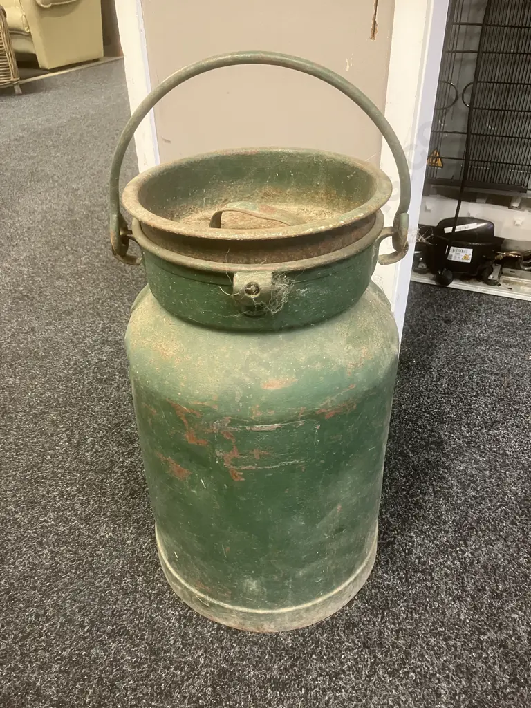 Vintage Steel Milk Churn Painted Green. 50cm Image 1++