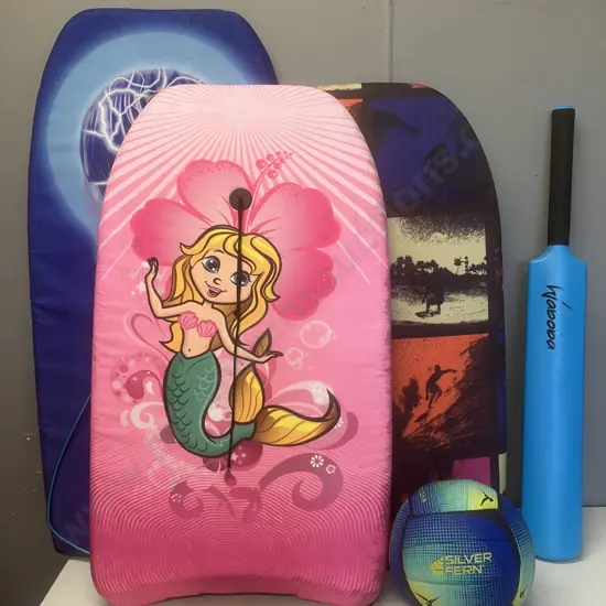 3 x Boogie Boards, Plastic Waboba Cricket Bat, Netball