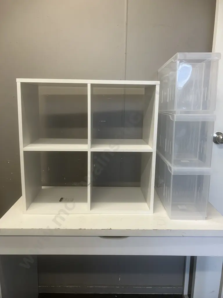 White 60 x 60cm Cube Shelf & Plastic Roller Storage Drawers Image 1++