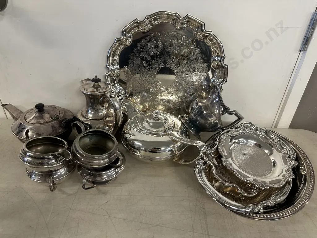 Assorted Silverware Items Including Coffee Pot, Teapot, Serving Tray Etc Image 1++