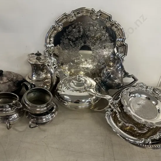 Assorted Silverware Items Including Coffee Pot, Teapot, Serving Tray Etc