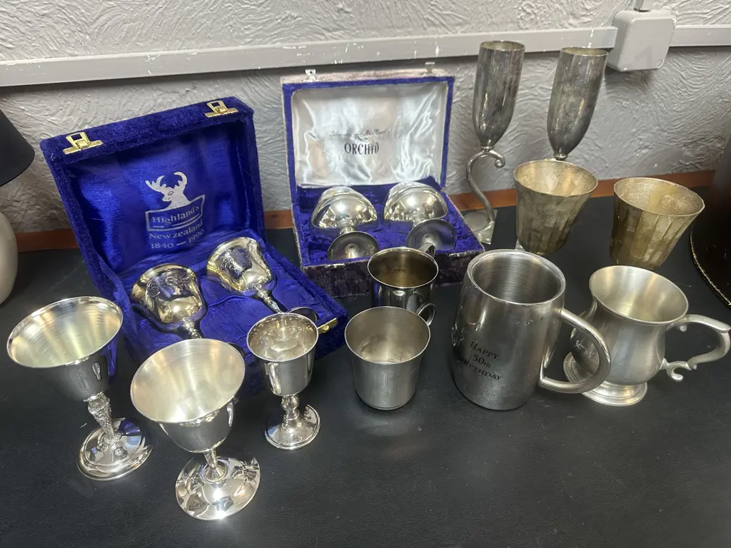 Assorted Silverware Items Including Boxed Goblets, Beer Steins Etc Image 1++