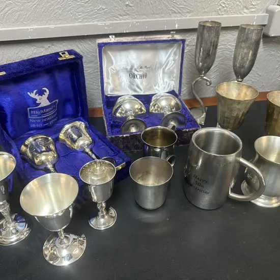 Assorted Silverware Items Including Boxed Goblets, Beer Steins Etc