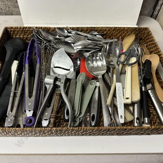 Double Handle Cane Serving Tray, Assorted Kitchen Utensils
