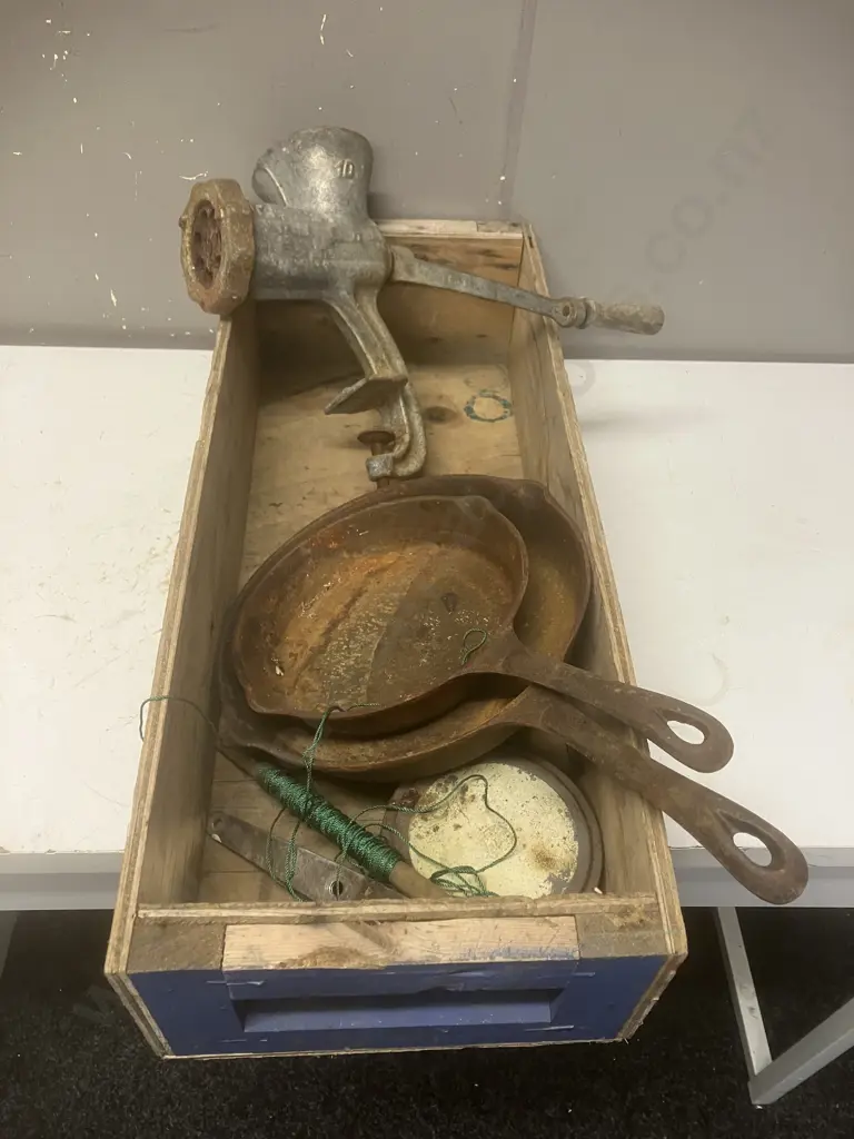 Wood Canada Box, Cast iron Frypans, Mincer Etc Image 1++