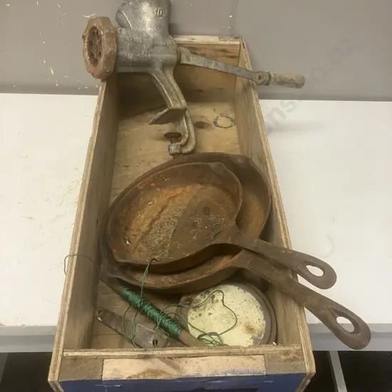 Wood Canada Box, Cast iron Frypans, Mincer Etc