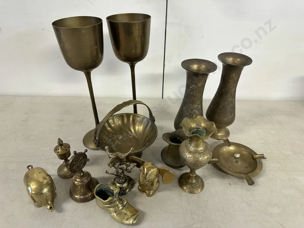Assorted Brass Ware Items Including Goblets, Elephant Figurines Etc Image 1++