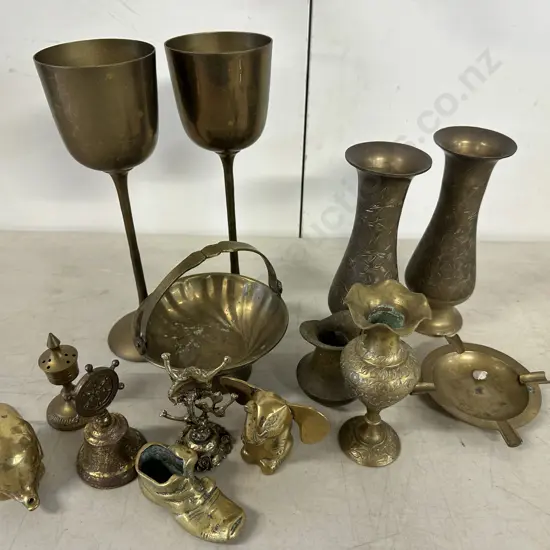 Assorted Brass Ware Items Including Goblets, Elephant Figurines Etc