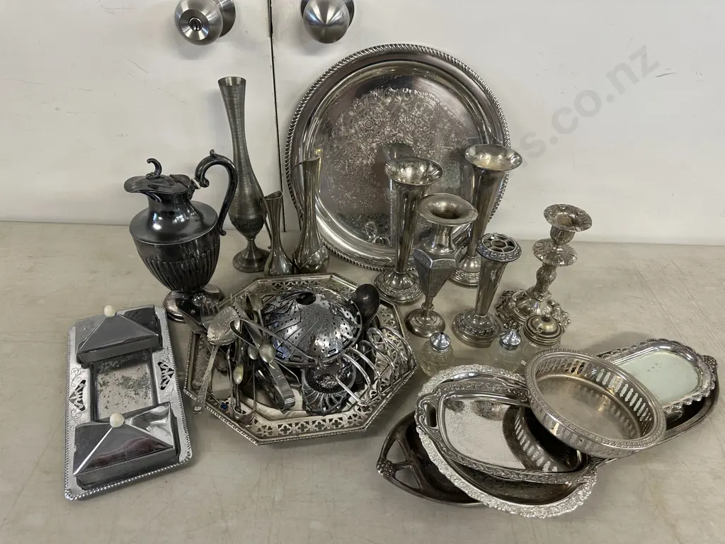 Assorted Silverware Items Including Vases, Serving Tray Etc Image 1++