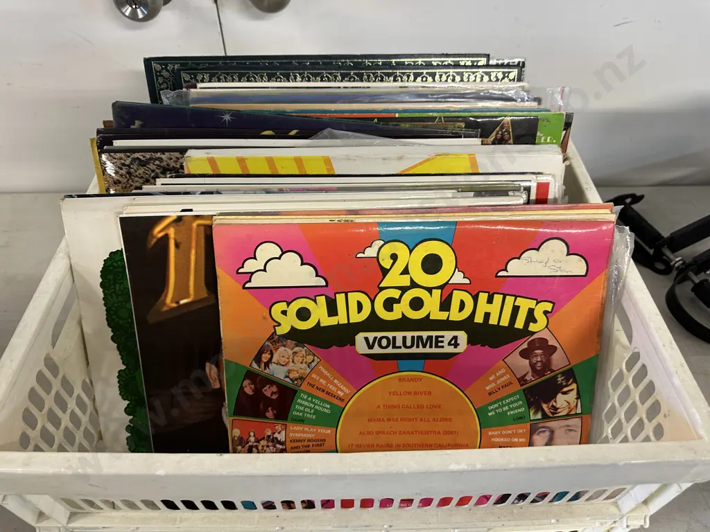 White Storage Bin Of Assorted LPs Including Solid Gold, Suzanne Prentice Etc Image 1++