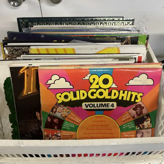 White Storage Bin Of Assorted LPs Including Solid Gold, Suzanne Prentice Etc