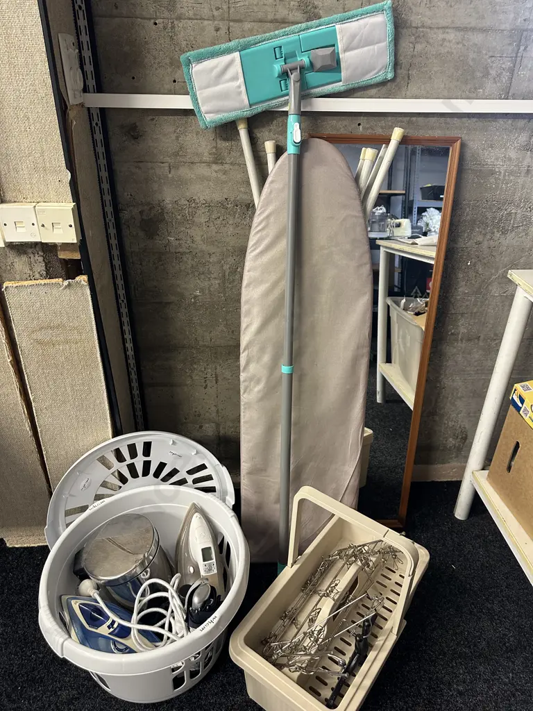 Laundry Items, Irons, Ironing Board, Mirror, Lidded Basket Etc Image 1++