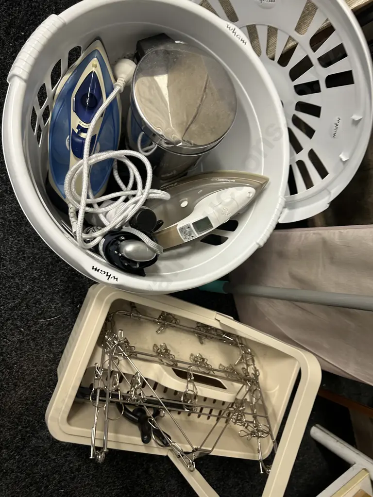 Laundry Items, Irons, Ironing Board, Mirror, Lidded Basket Etc Image 1++