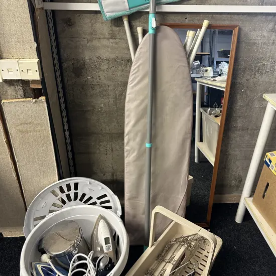 Laundry Items, Irons, Ironing Board, Mirror, Lidded Basket Etc