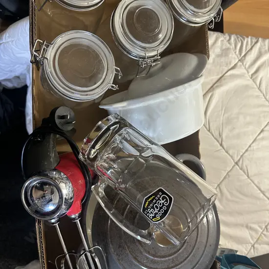Lidded Casserole Dishes, Sunbeam Mixer & Glass Cannisters 