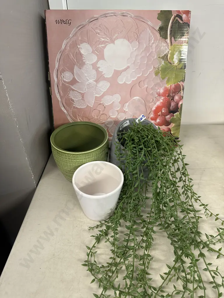 Grey Planter & Faux Plant, Pots & Fruit Delight Round Crystal Platter Image 1++