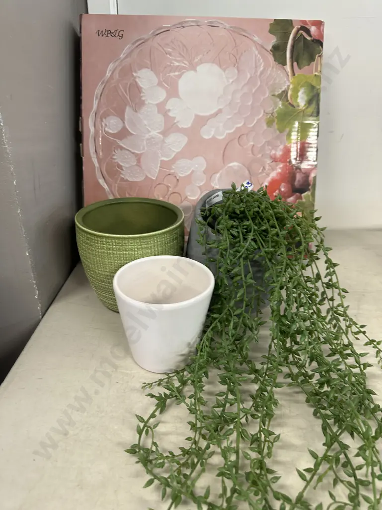 Grey Planter & Faux Plant, Pots & Fruit Delight Round Crystal Platter Image 1++