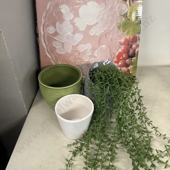Grey Planter & Faux Plant, Pots & Fruit Delight Round Crystal Platter