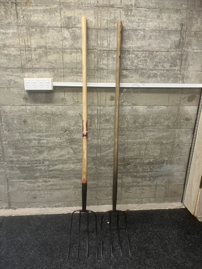 Pair of Pitchforks / Silage Forks With Wooden Handles Image 1++